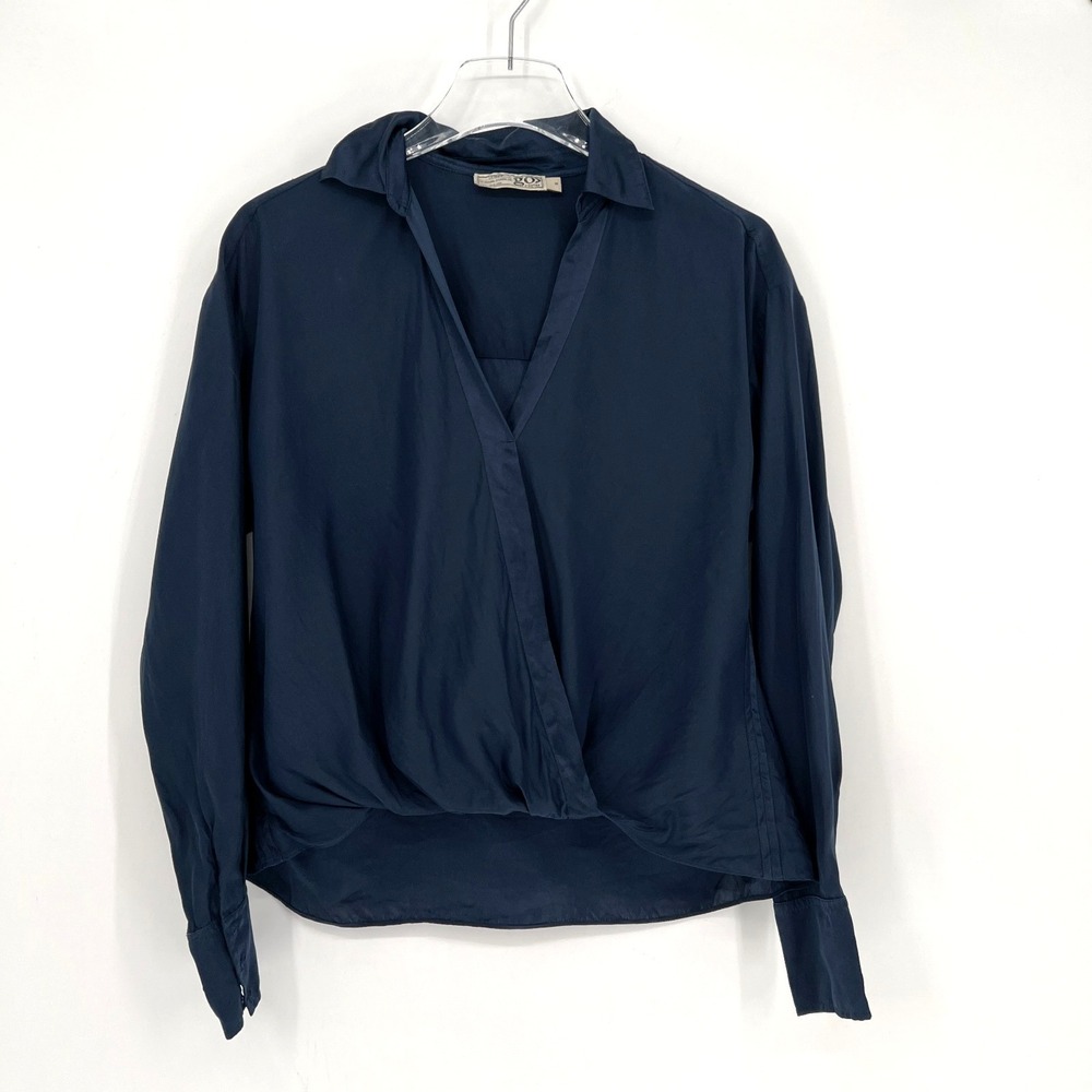 Go Silk Top Womens S‎ Navy Blue Silk V Neck Elevated Basic Simple Classic Career